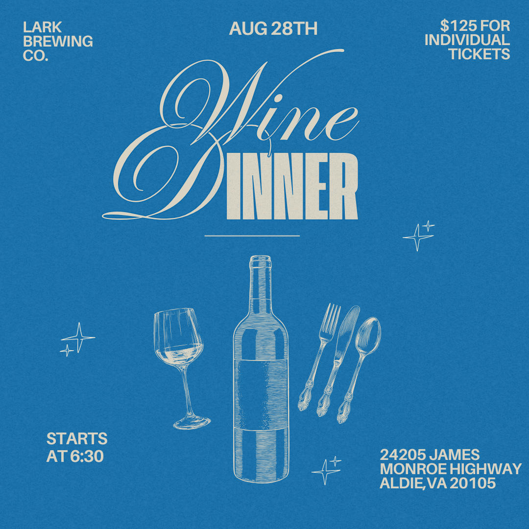 Square image featuring wine bottles and glasses that is informational in describing the details of a summer wine dinner.